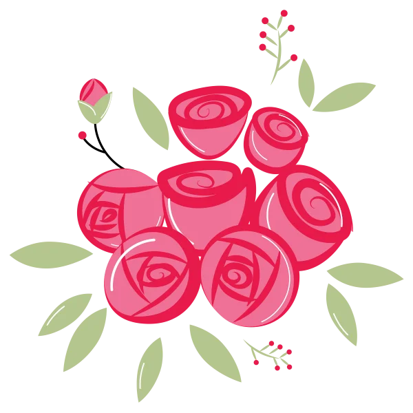 Stylized Pink Rose Bouquet with Leaves and Berries PNG