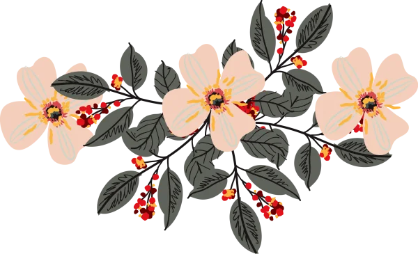 Illustrative Pink Flowers and Red Berries Arrangement PNG