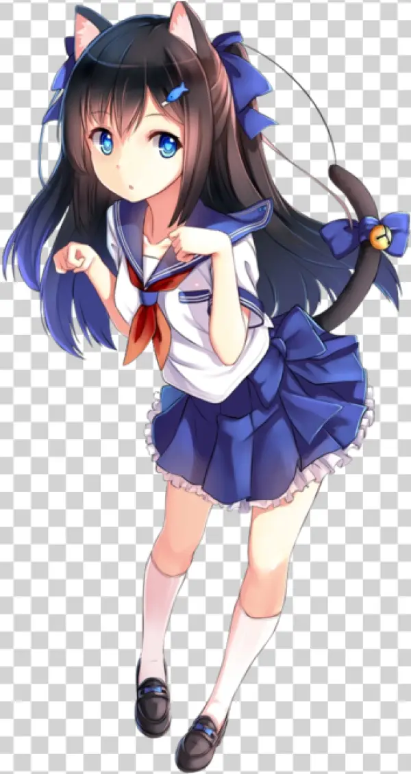 Anime Girl with Cat Ears and Sailor Uniform PNG Transparent