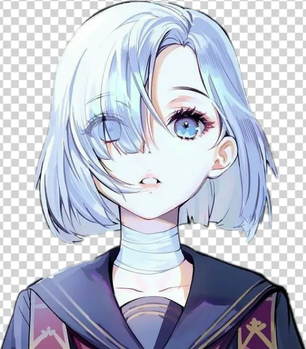Anime Girl with White Hair and Bandaged Neck PNG