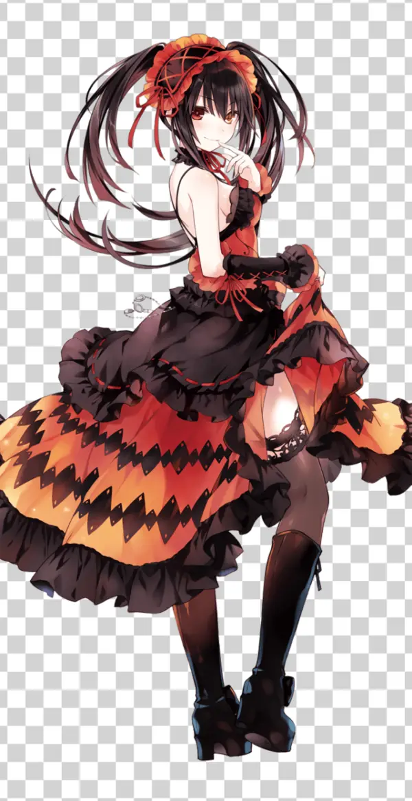 Anime Girl in Black and Orange Gothic Dress PNG