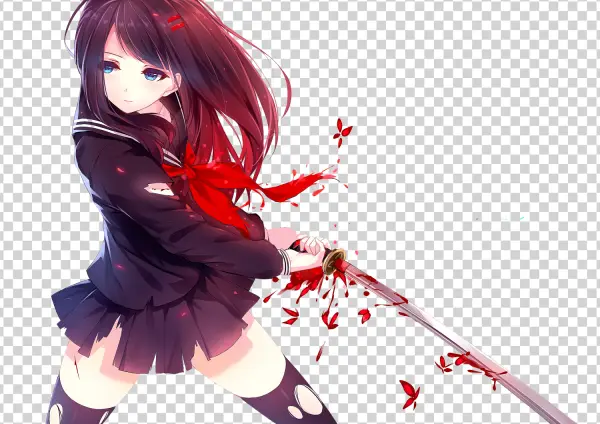 Anime Girl with Katana and Red Splatters PNG Transparent