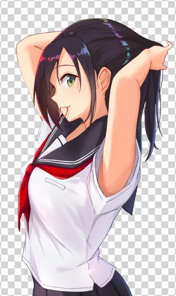 Cute Anime School Girl Adjusting Hair PNG