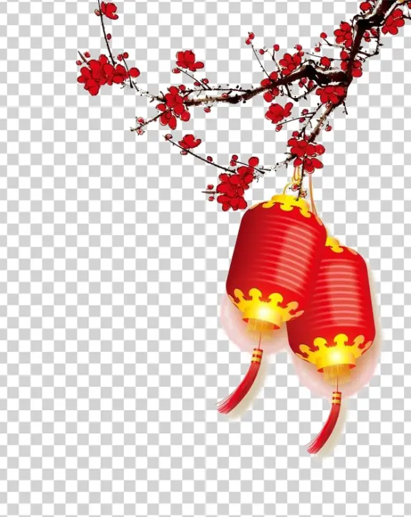 Red Chinese Lanterns with Plum Blossoms PNG Transparent