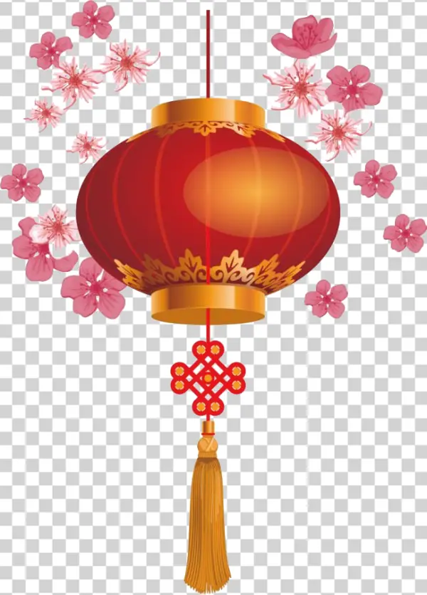 Red Chinese Lantern with Cherry Blossoms PNG