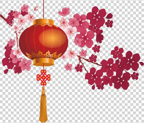 Red Chinese Lantern with Cherry Blossoms PNG