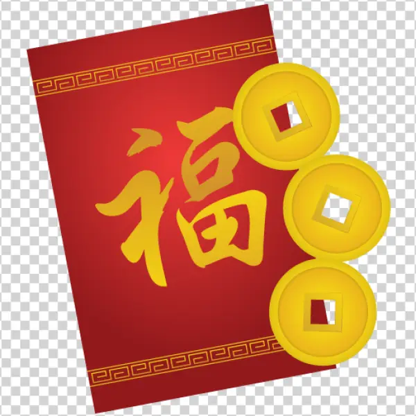 Chinese Red Envelope with Fu Character and Gold Coins PNG