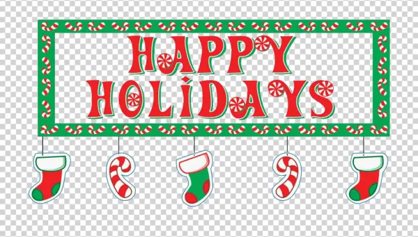 Happy Holidays Christmas Sign with Candy Canes and Stockings PNG