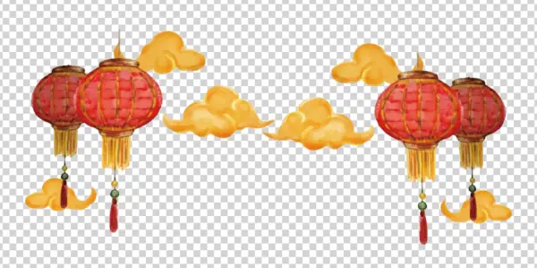 Watercolor Chinese Lanterns and Golden Clouds PNG Transparent Background