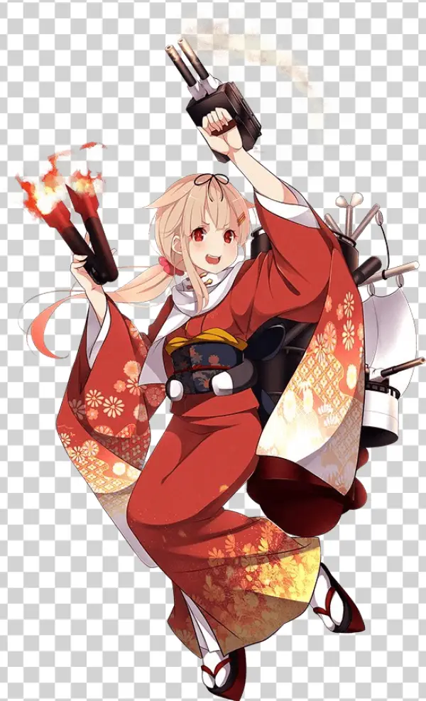 Cute Anime Girl in Red Kimono with Fireworks PNG Transparent