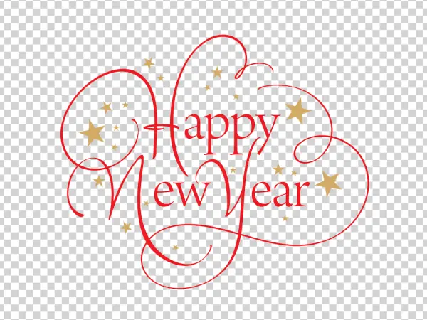 Happy New Year Red Script with Gold Stars PNG