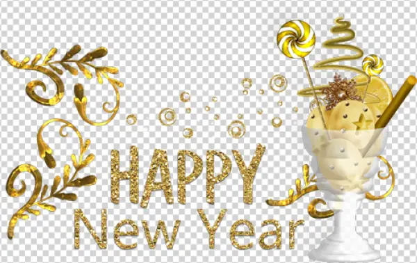 Happy New Year Gold Glitter Text with Festive Dessert PNG