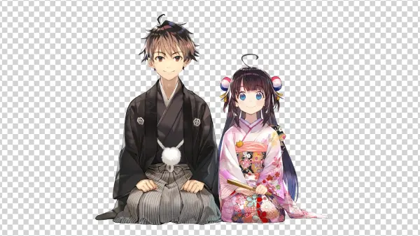 Anime Couple in Traditional Japanese Kimono PNG