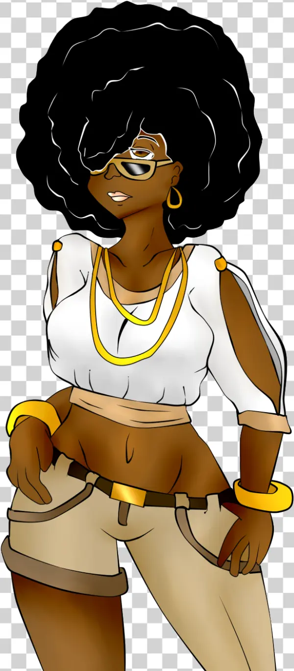 Stylish Afro Woman Cartoon with Gold Jewelry PNG