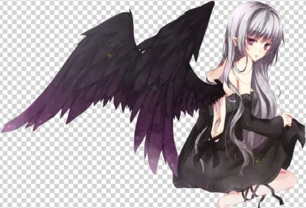 Dark Anime Angel Girl with Black Wings PNG Transparent