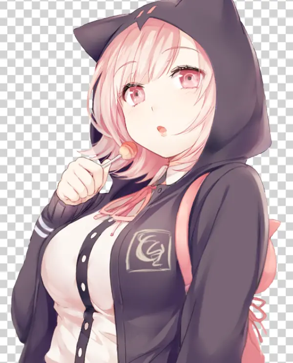 Cute Pink-Haired Anime Girl with Cat Ear Hoodie PNG
