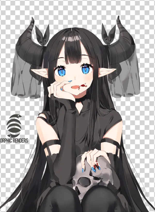Dark Anime Demon Girl with Skull PNG Transparent