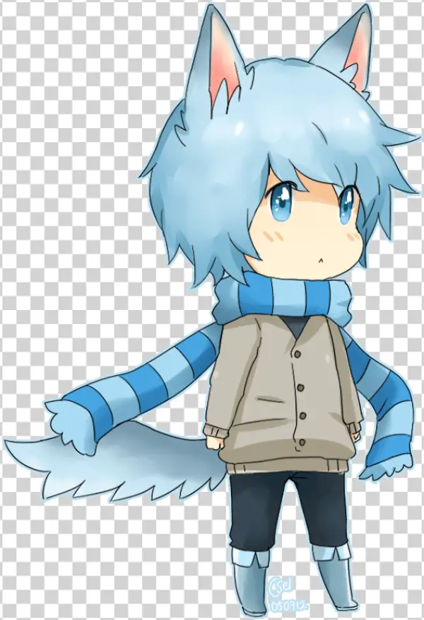 Cute Chibi Wolf Boy with Blue Scarf PNG