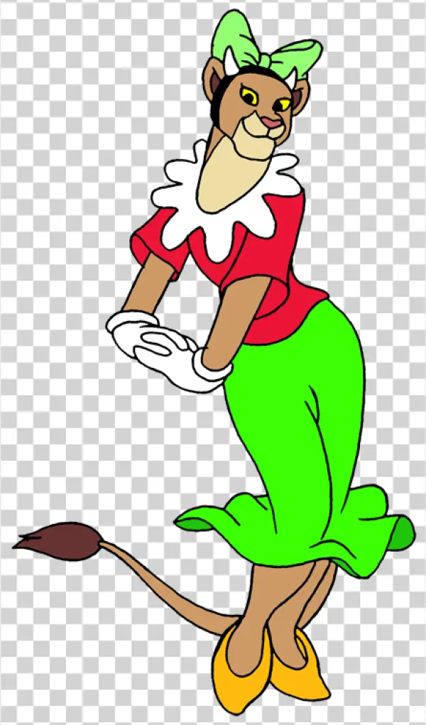 Cartoon Lioness Character in Red and Green Outfit PNG