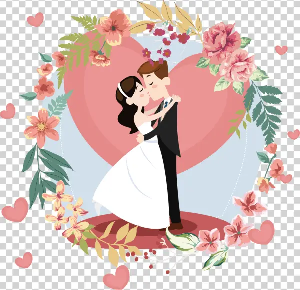 Romantic Wedding Couple Kissing Floral PNG