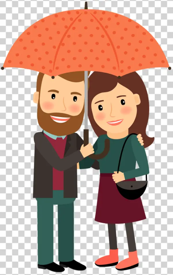 Cartoon Couple Under Orange Umbrella PNG Transparent