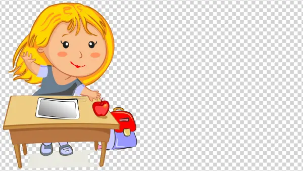 Cartoon Girl Raising Hand at School Desk PNG