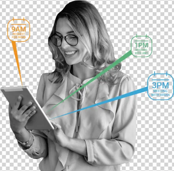 Smiling Woman Scheduling with Tablet PNG