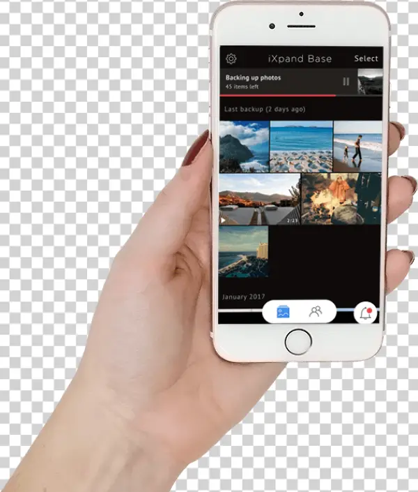 Hand Holding Smartphone with Photo Backup App PNG