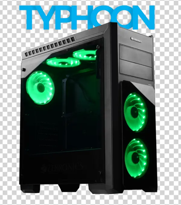 Zebronics Typhoon Gaming PC Case Green LED Fans PNG Transparent