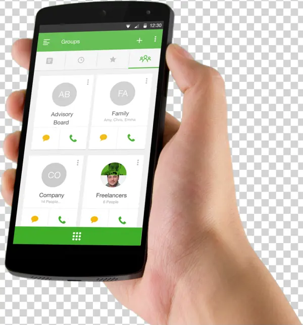 Hand Holding Smartphone with Contact Groups App PNG