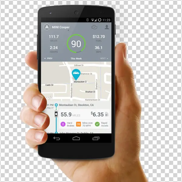 Hand Holding Smartphone with Car Driving App PNG