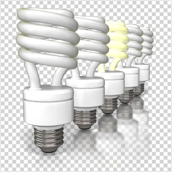 CFL Light Bulbs Row with One Glowing PNG Transparent