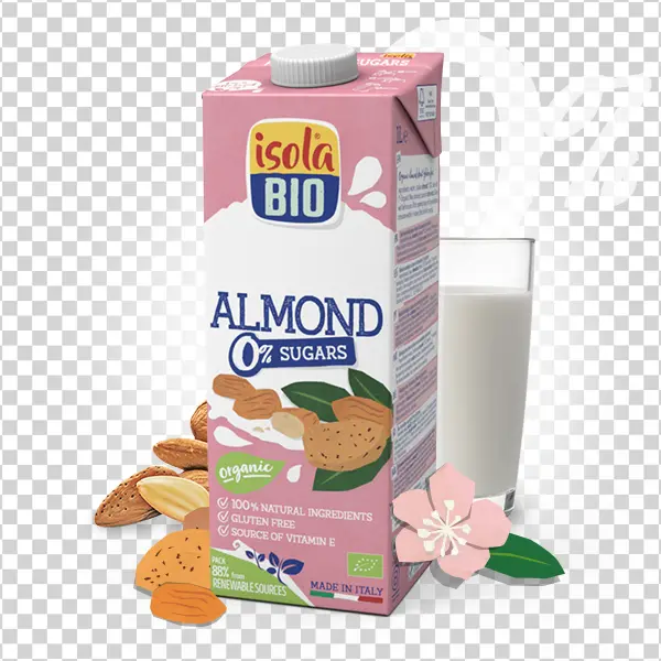 Isola Bio Almond Milk Carton with Glass and Almonds PNG