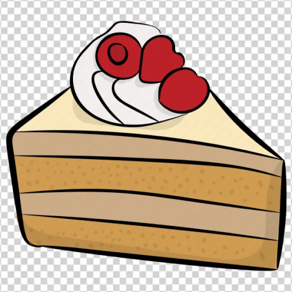 Cartoon Cake Slice with Whipped Cream and Cherries PNG