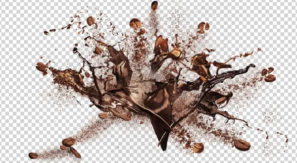 Dynamic Coffee Splash with Beans and Powder PNG Transparent Background