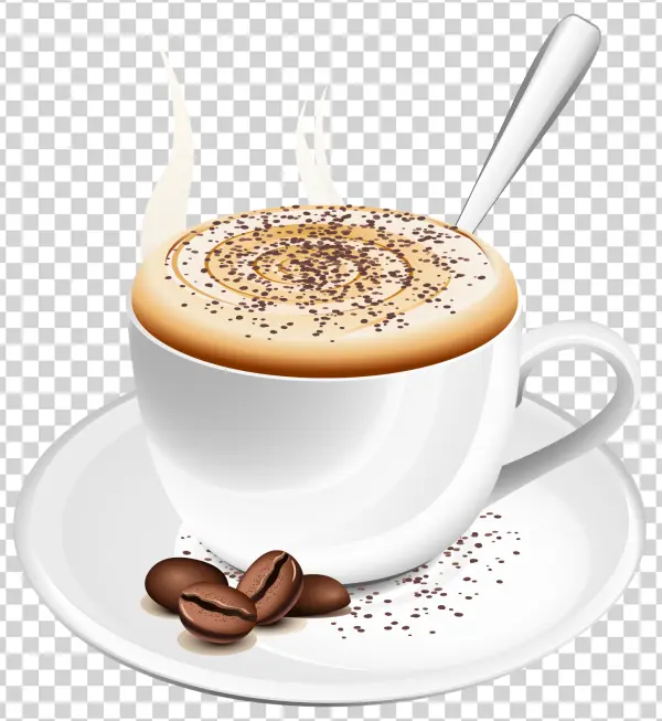 Steaming Cappuccino Cup PNG with Coffee Beans