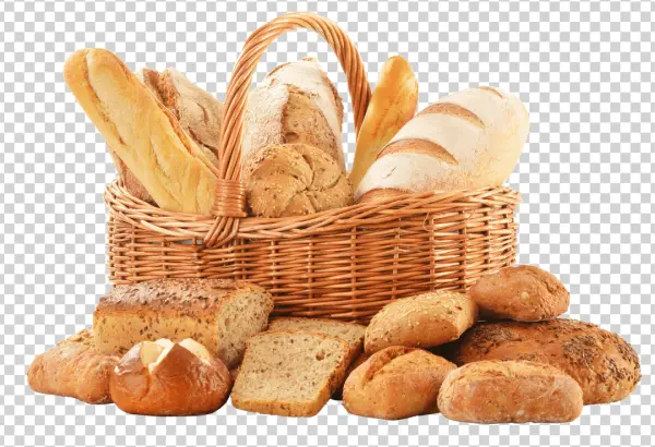 Assortment of Fresh Breads in Wicker Basket PNG