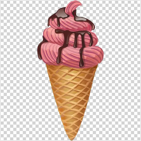 Strawberry Ice Cream Cone with Chocolate Syrup PNG