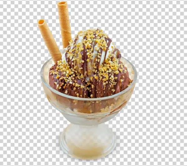 Ice Cream Sundae with Nuts and Wafer Sticks PNG