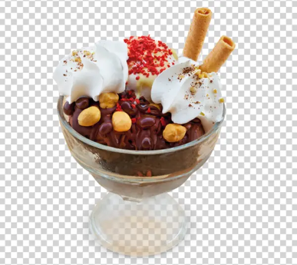 Delicious Ice Cream Sundae with Hazelnuts and Whipped Cream PNG