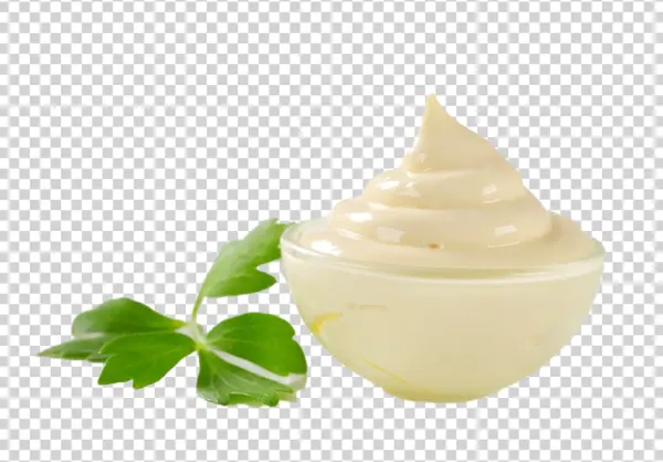 Creamy Mayonnaise in Bowl with Green Leaf PNG Transparent Background