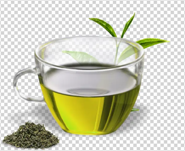 Green Tea Cup and Leaves PNG Transparent Background