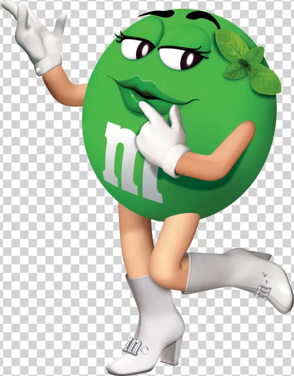 Green M&M Character with Mint Leaves PNG