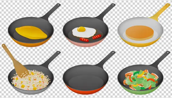 Frying Pans with Various Cooked Foods PNG