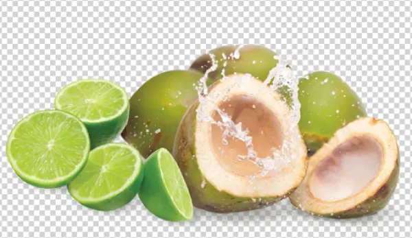 Fresh Young Coconuts and Limes with Splash PNG Transparent