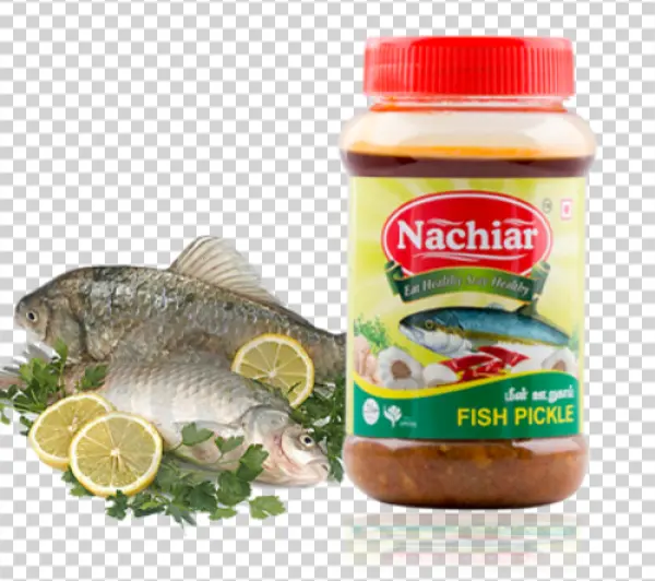 Nachiar Fish Pickle Jar with Fresh Fish and Lemon PNG