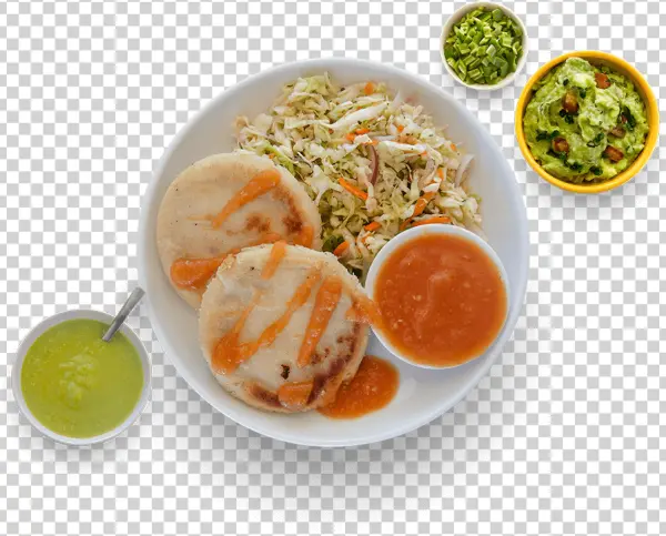 Pupusas with Curtido, Sauces, and Guacamole PNG Transparent