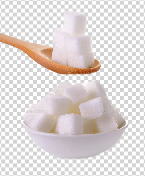 Sugar Cubes in Wooden Spoon and White Bowl PNG