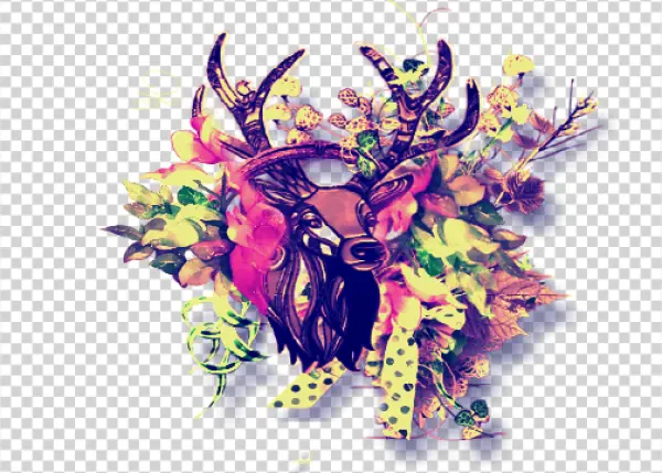 Stylized Deer Head with Floral Antlers PNG Transparent Background