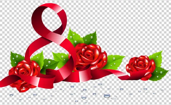 Red Roses and Ribbon with Water Droplets PNG